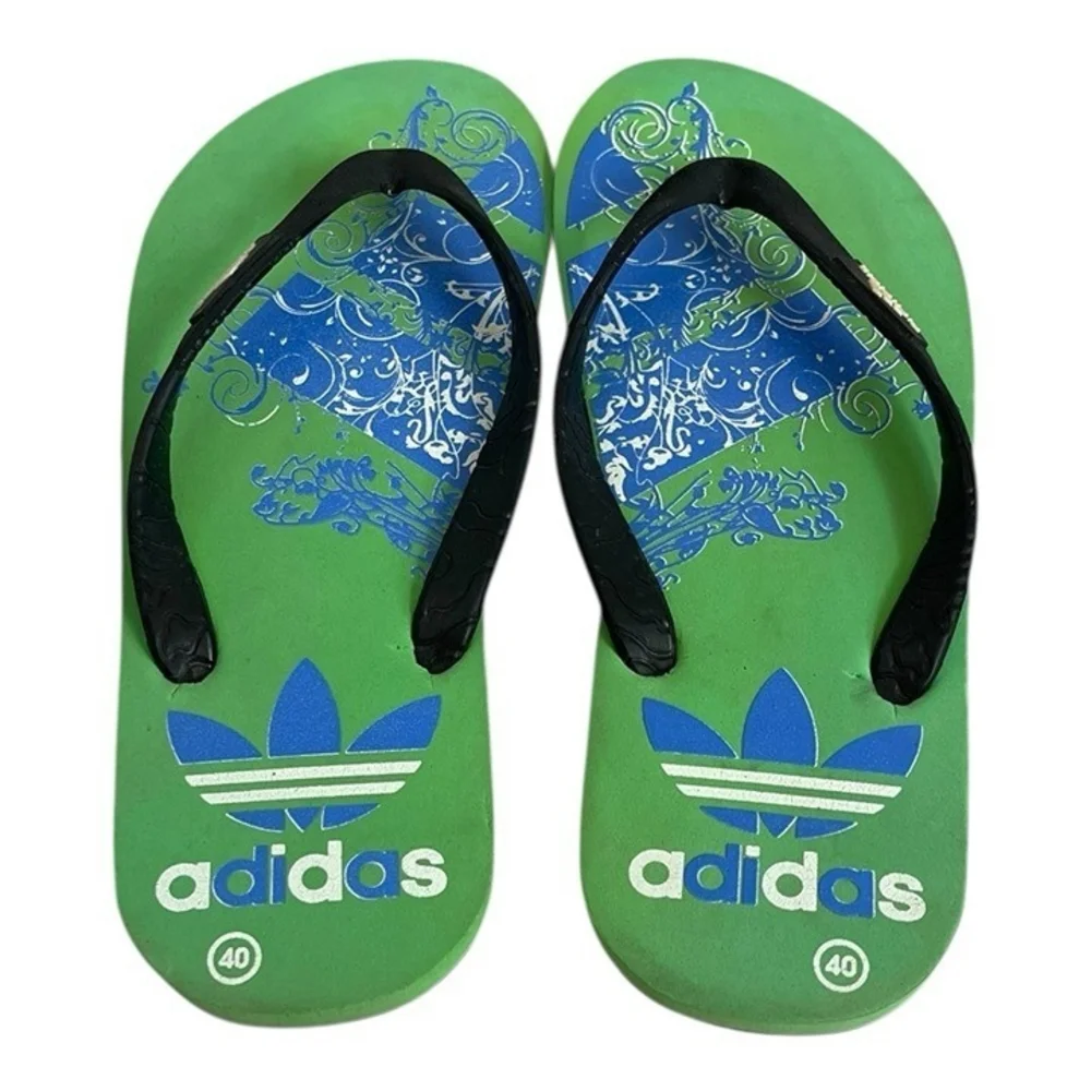 Adidas Green Blue Pattern Flip Flops Sandals EU 40/US 9 Slippers NWOT